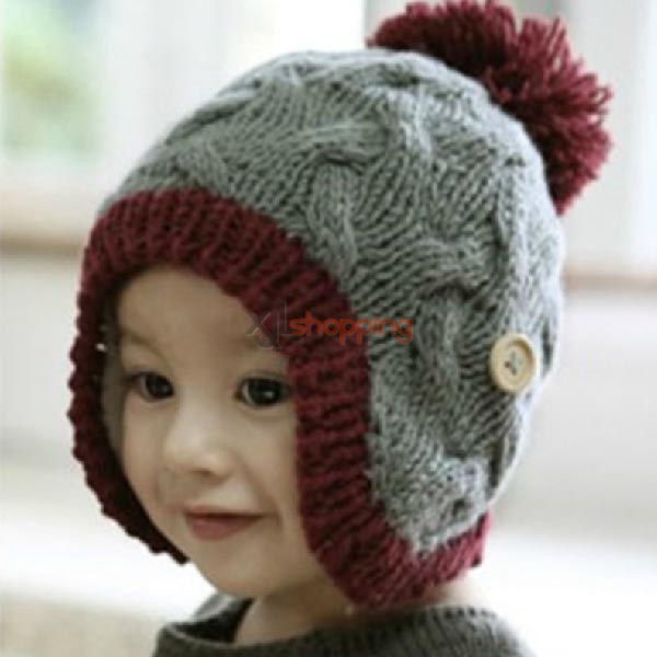 Children's wooden buckle ear cap Wool hat