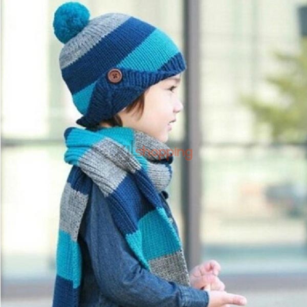 Children's yarn hat knitted flanging + scarf
